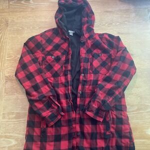 Eddie Bauer Red‎ Flannel Cardigan Women's Large Hood Plaid